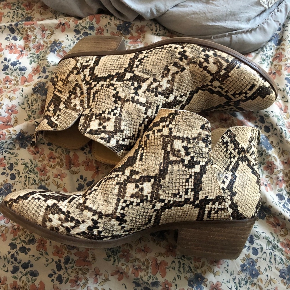 False snakeskin ankle booties